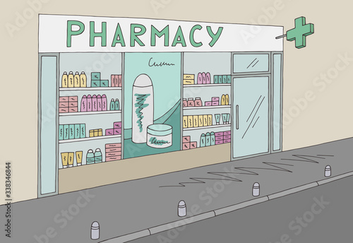 Pharmacy store shop exterior graphic color sketch illustration vector