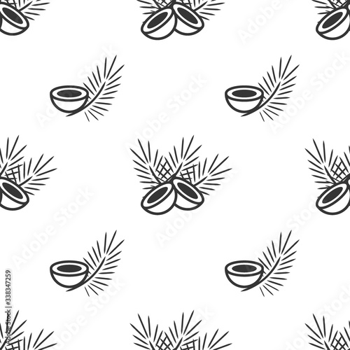Seamless pattern with icon coconut fruit and palm leaves. Vector