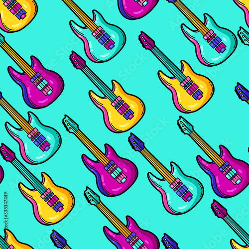 Seamless pattern with cartoon musical electric guitars.