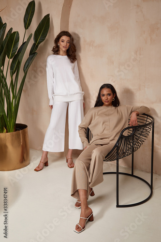 Two beautiful sexy brunette woman friends face cosmetic makeup tanned skin wear fashion clothes style beige white knitted suit sandals accessory interior furniture armchair journey summer palm boho.