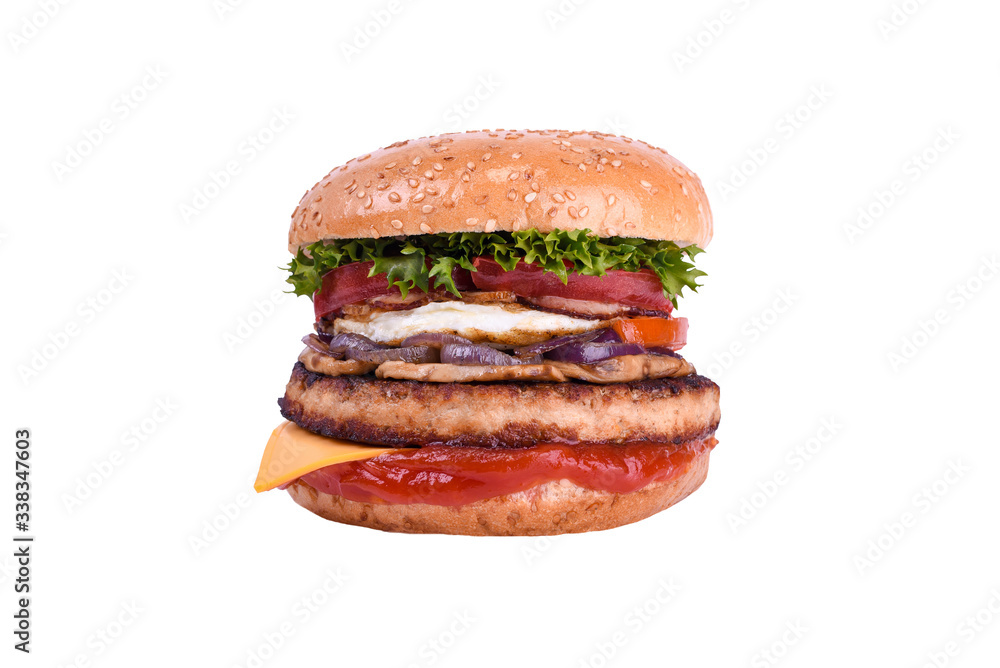 fresh burger with pork and beef, chicken egg, cheddar, mushrooms, bulgarian grilled pepper, caramelized onions, salad mix, isolated on white background. fresh burger with pork and beef, chicken egg, cheddar, mushrooms, bulgarian grilled pepper, caramelized onions, salad mix, isolated on white background.