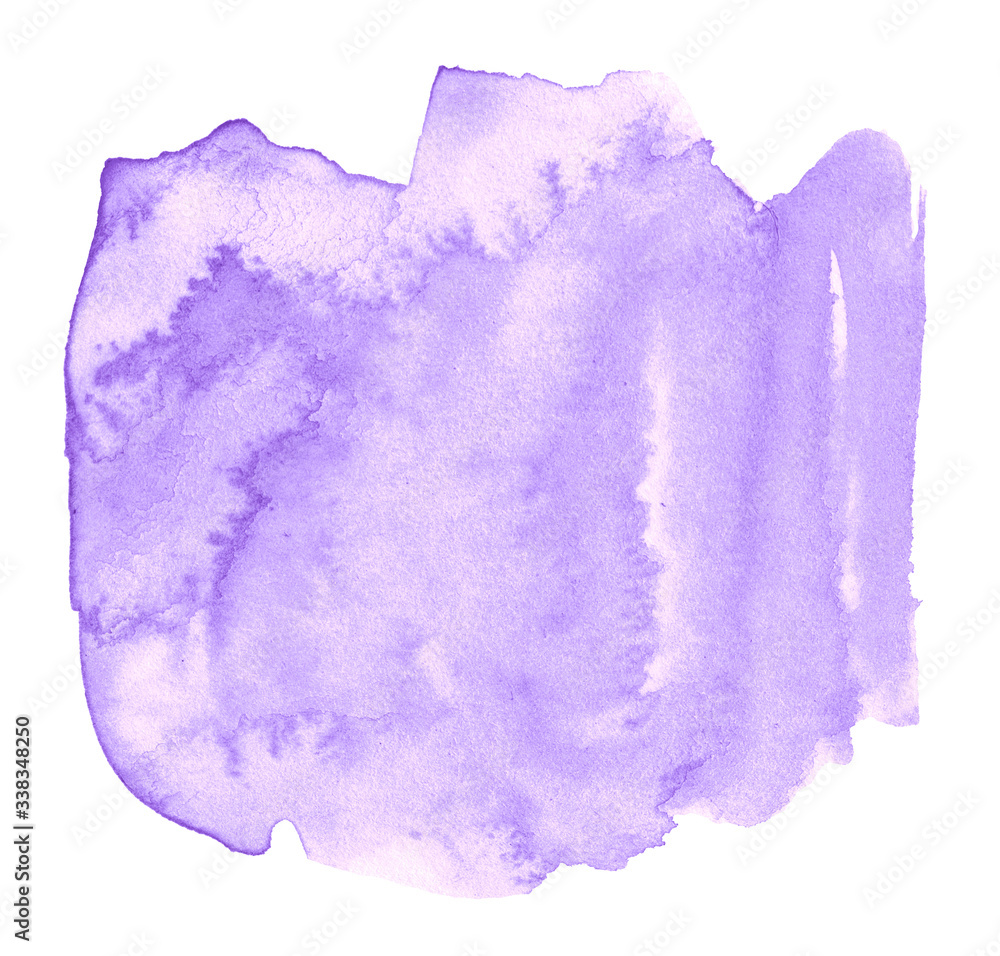 Lilac watercolor is a trend color, an isolated abstract spot with divorces and borders. Purple frame with copy space for text.
