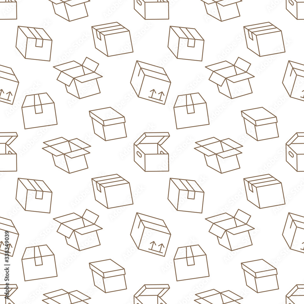 Delivery box background, cargo package seamless pattern. Various open and closed cardboard boxes, parcel flat line icons. Warehouse, storage vector illustration brown white color