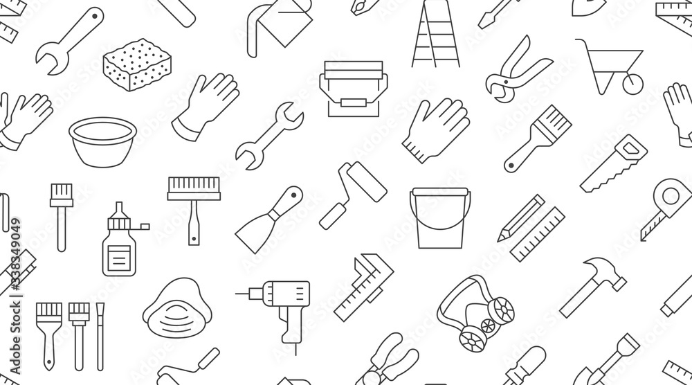 Building tools background, repair equipment seamless pattern with flat line icons of paintbrush, wrench, screwdriver, hammer and others. Construction works vector illustration black white color Building tools background, repair equipment seamless pattern with flat line icons of paintbrush, wrench, screwdriver, hammer and others. Construction works vector illustration black white color