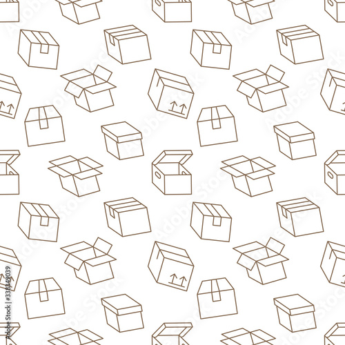 Delivery box background, cargo package seamless pattern. Various open and closed cardboard boxes, parcel flat line icons. Warehouse, storage vector illustration brown white color