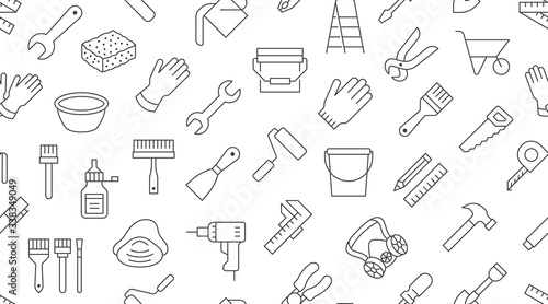Building tools background, repair equipment seamless pattern with flat line icons of paintbrush, wrench, screwdriver, hammer and others. Construction works vector illustration black white color
