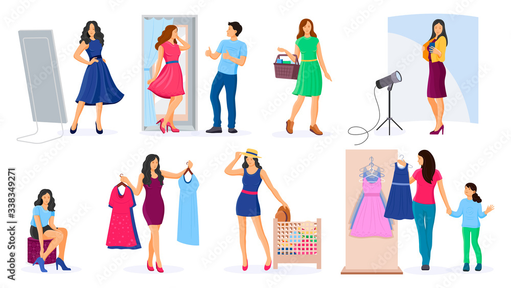 Woman shopping in a clothing store. People shoppers man woman kids daughter choosing and trying on dress clothes during shopping at shop boutique. Fashion, accessories. Women try hats, shoes vector