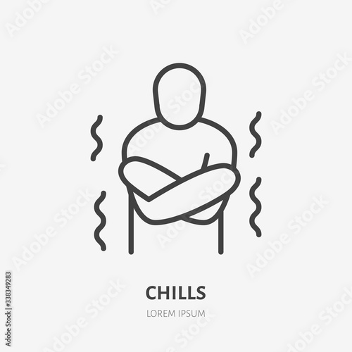 Hypothermia line icon, vector pictogram of person with chills. Man having fever illustration, flu symptom sign for medical poster