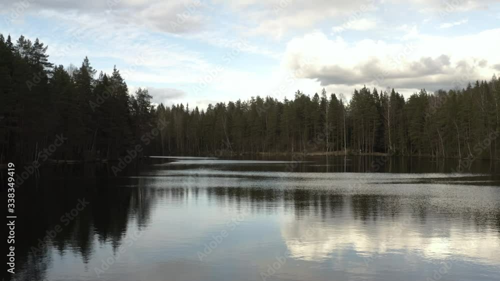 Aerial, drone shot low over reflecting surface of a calm Lake Luukinjarvi, partly sunny, spring day, in Luukki, Espoo, Finland Aerial, drone shot low over reflecting surface of a calm Lake Luukinjarvi, partly sunny, spring day, in Luukki, Espoo, Finland