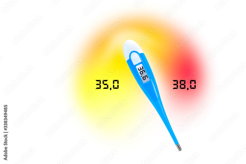 Blue color Digital body thermometer, which shows normal temperature for a  healthy person - 36.6 degrees Celsius on yellow red gradient. Digital  device for measuring the temperature of the human body. Stock