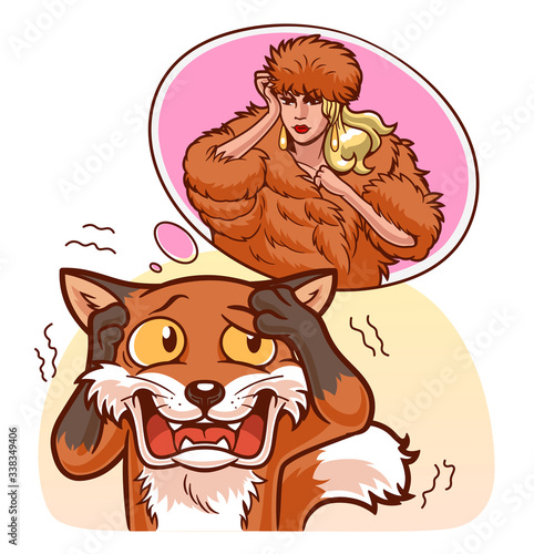 Scared cartoon fox and woman in fur coat