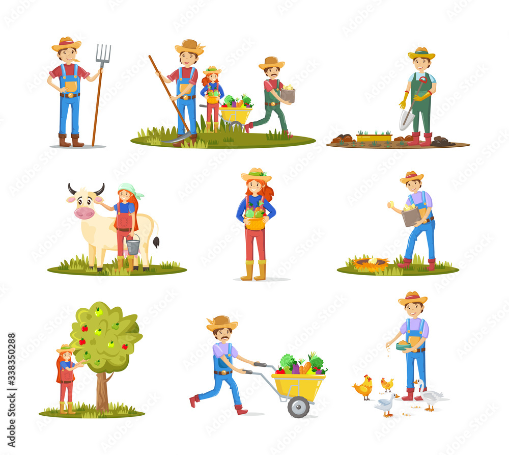 Fototapeta premium Farmers, agricultural work characters. Agriculture, livestock, poultry farming, organic farm. Farmers working on rural farmland, carrying fruits, milking cow, collecting apples. Vector illustration.