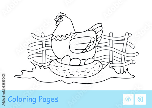 Brood chicken sitting on eggs in nestle on countryside farm bird yard contour kids coloring book illustration. Colorless image of domestic animal. Coloring pages for preschool children and toddlers.