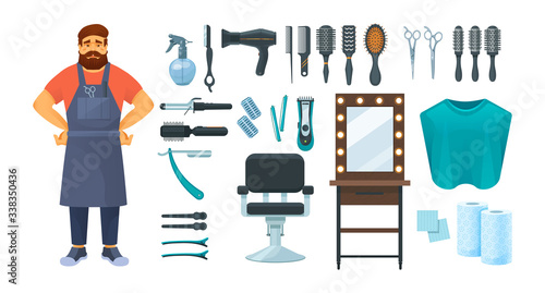 Barbershop items. Bearded man barber, professional shaving hairdresser tools, accessories. Razor, comb, scissors, mirror, chair, brush fan shampoo conditioner vector cartoon illustration