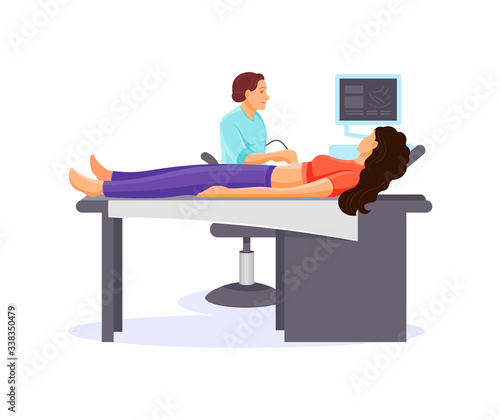 Medical check up ultrasonography. Doctor examining patient pregnant woman with scanner, in medical office or laboratory. Medical tests ultrasound. Procedure for scanning internal organs vector