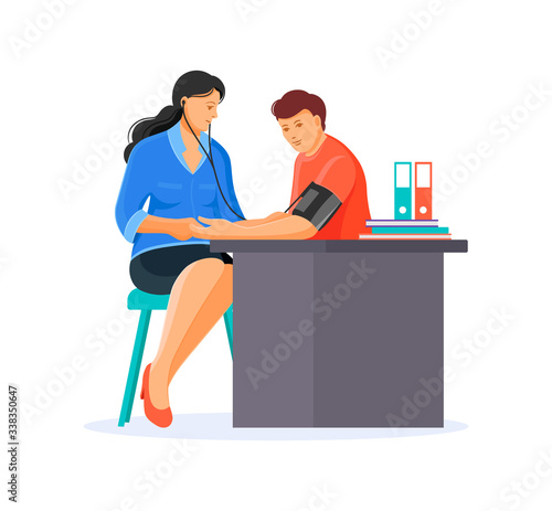 Medical check by therapist. Doctor measures blood pressure by of man patient, with tonometer blood pressure monitor. Cardiology in medicine and health care. Vector illustration