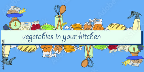 bright colorful illustration of vegetables in packages in the kitchen and text