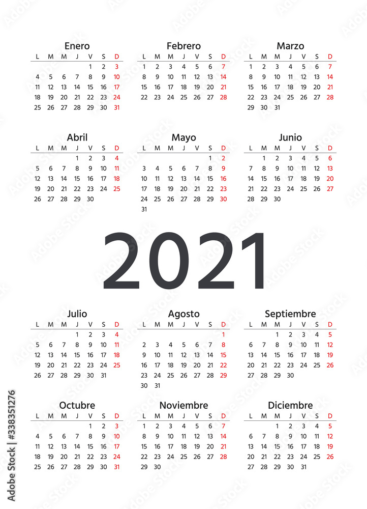Spanish Calendar 2021 year. Vector. Week starts Monday. Simple template of pocket or wall Spain calenders. Portrait vertical orientation. Yearly stationery organizer in minimal design. Illustration.