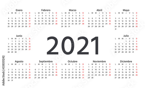 2021 Spanish Calendar. Week starts Monday. Vector. Spain calender year template. Yearly stationery organizer in minimal design. Horizontal landscape orientation. Simple illustration.