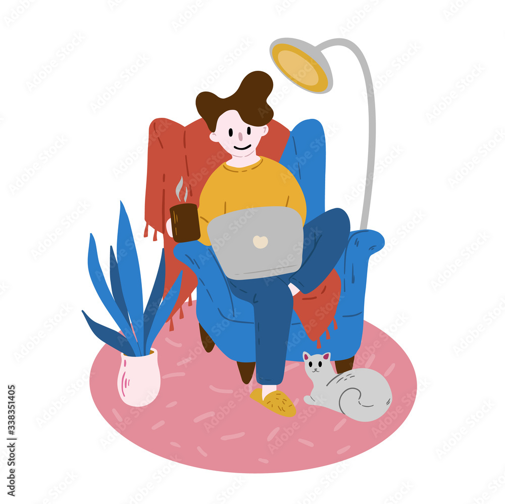 Men who work on a laptop are sitting in a chair. A cozy illustration about working from home, home office with a cat. Men who work on a laptop are sitting in a chair. A cozy illustration about working from home, home office with a cat.