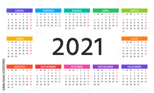 2021 Spanish Calendar. Week starts Monday. Vector. Simple template of pocket or wall Spain calenders. Yearly stationery organizer. Horizontal landscape orientation. Minimal design. Color illustration.