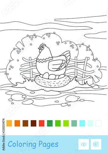 Brood chicken sitting on eggs in nestle on countryside farm bird yard contour kids coloring book illustration. Colorless image of domestic animal. Coloring pages for preschool children and toddlers.
