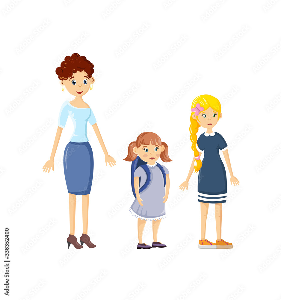 Happy young family on joint walk. Mother with childs, daughters, girls. Concept of happy family, relationship, friendship and understanding, love and mutual understanding. Cartoon vector. Happy young family on joint walk. Mother with childs, daughters, girls. Concept of happy family, relationship, friendship and understanding, love and mutual understanding. Cartoon vector.