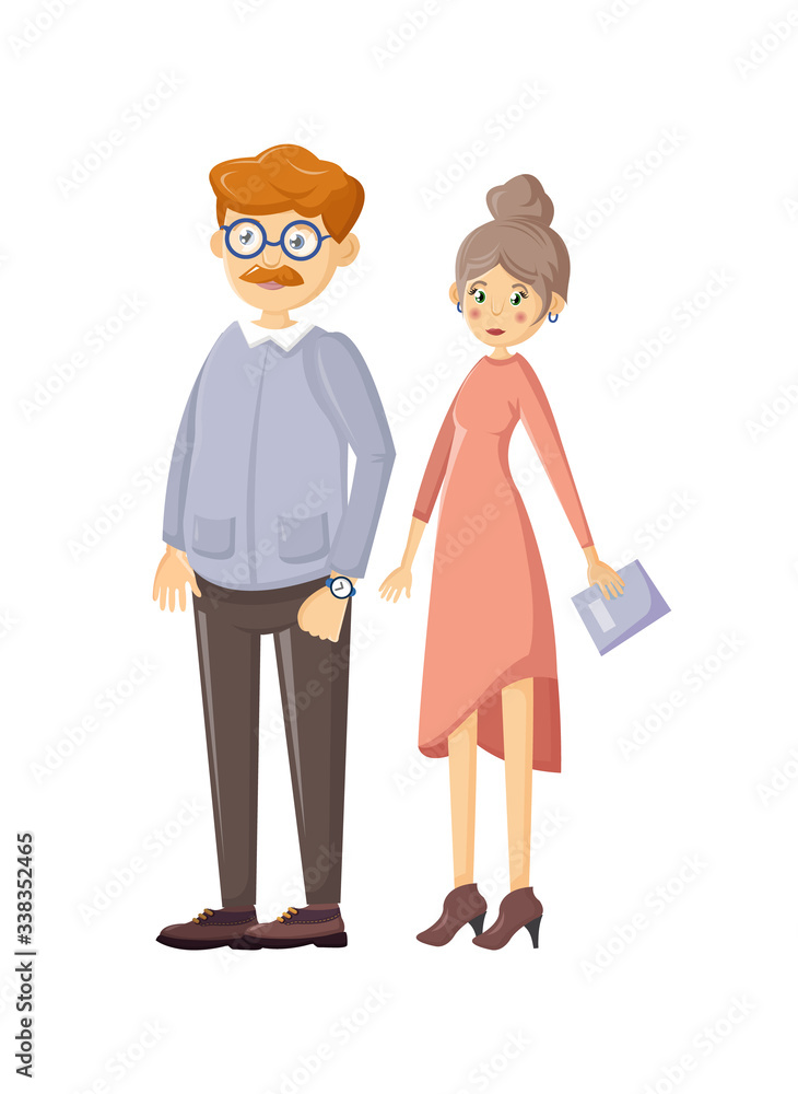 Happy elderly couple on joint walk. Man with glasses and woman with journal in hands, stand next to each other. Concept of happy family, relationship, friendship and understanding. Cartoon vector. Happy elderly couple on joint walk. Man with glasses and woman with journal in hands, stand next to each other. Concept of happy family, relationship, friendship and understanding. Cartoon vector.