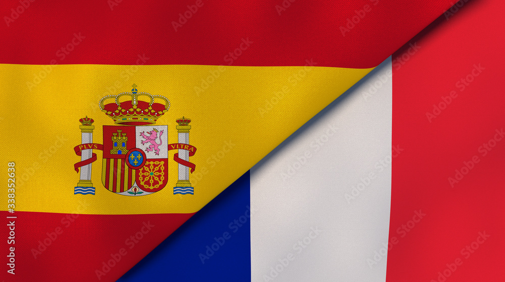 Naklejka premium The flags of Spain and France. News, reportage, business background. 3d illustration
