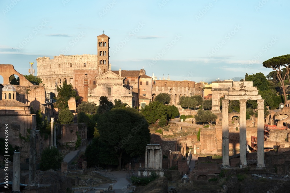 Late afternoon view over the Roman Forum from the Capitoline Hill. In the bottom right is the Temple of Castor and Pollux, while the Basilica di Santa Francesca Romana can be seen towards the rear of 