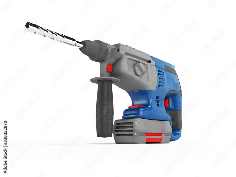 3d rendering of blue electric drill with gray accents on white background with shadow