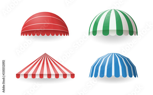 Various color awnings for shops, cafes, hotels, street restaurants. Sunshade for store. Mockup of open striped awnings for outlets and shop windows, marketplace tent roofs canopy. Vector illustration.