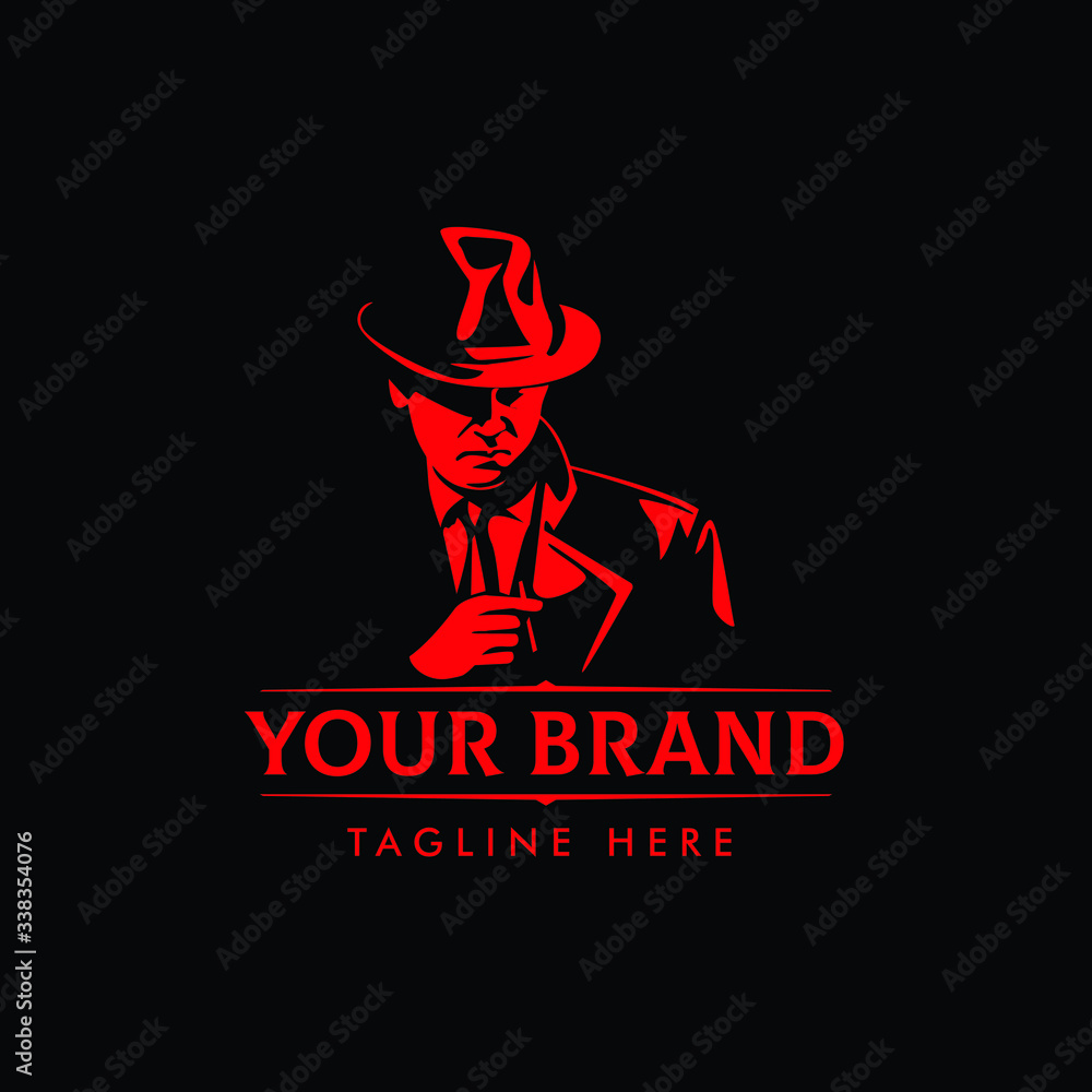 MAFIA LOGO with character abstract silhouette men heads in hats. Trendy design elements for labels, logos, badges. Vintage vector illustration MAFIA LOGO with character abstract silhouette men heads in hats. Trendy design elements for labels, logos, badges. Vintage vector illustration
