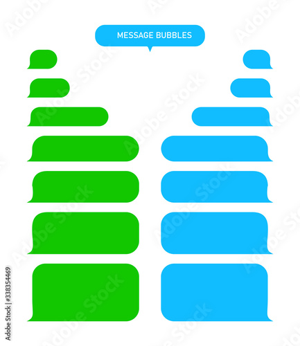 Message bubbles for text chat. Sms, mms, speech box in mobile phone app. Green and blue interface of dialogue. Blank template messenger for conversation or talk. Social speach service. Vector