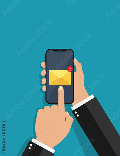 Newsletter on phone screen. Smartphone in hand with new email notification. Hand hold mobile, finger click on sms. Service of communication. Incoming, send envelope mail. Businessman concept. Vector