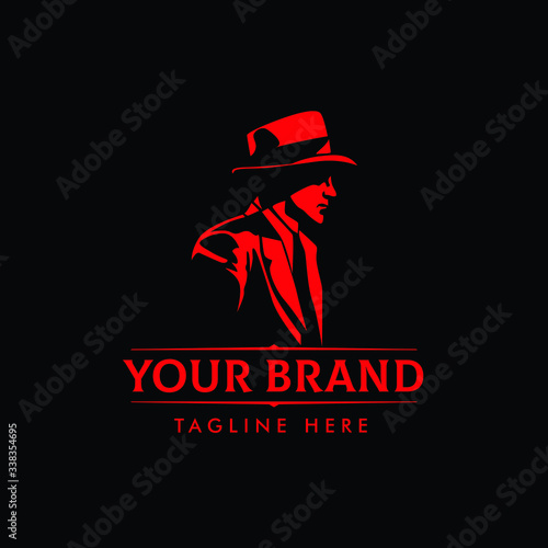 LOGO with character abstract silhouette men heads in hats. Trendy design elements for labels, logos, badges. Vintage vector illustration