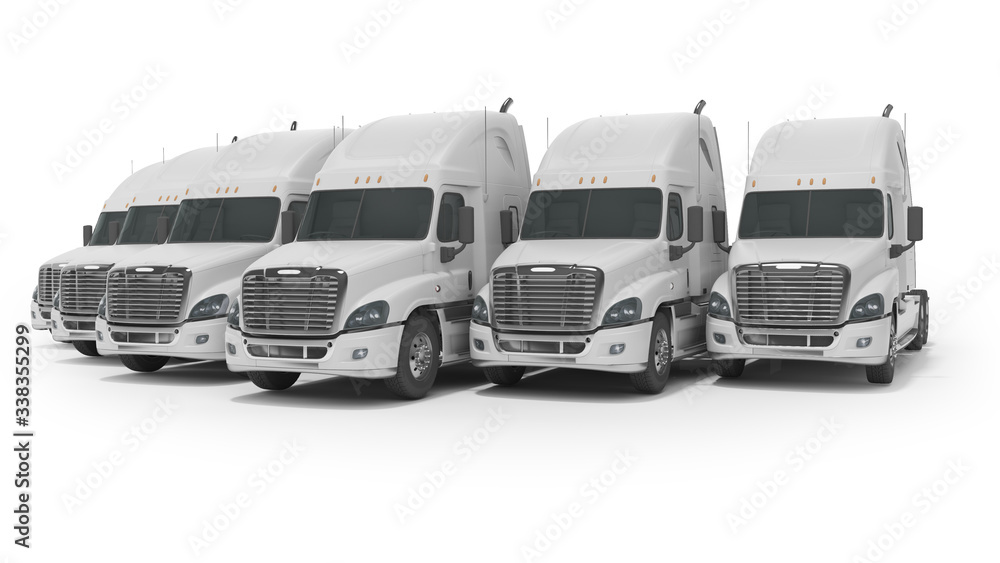 3d rendering of concept of group of white trucks for long distance trucking side view on white background with shadow