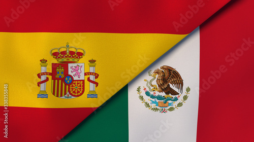 The flags of Spain and Mexico. News, reportage, business background. 3d illustration