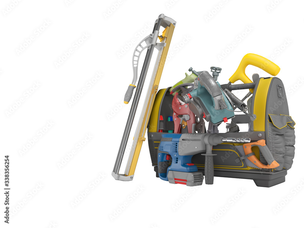 3D rendering orange open bag with tools for interior construction work on white background no shadow 3D rendering orange open bag with tools for interior construction work on white background no shadow