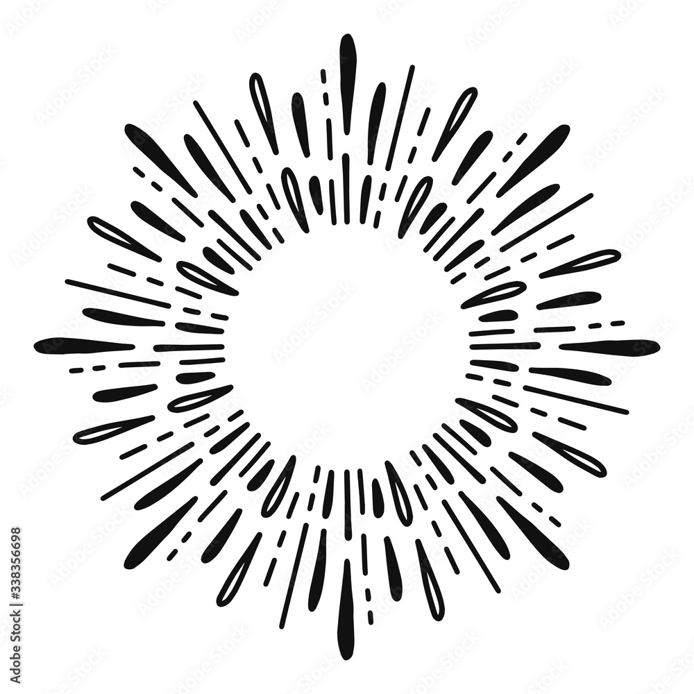 Sunburst doodle line art. Hand drawn water splash, round banner with circle explosion. Retro sketch radial rays, black frame isolated on white background. Handmade design element Sunburst doodle line art. Hand drawn water splash, round banner with circle explosion. Retro sketch radial rays, black frame isolated on white background. Handmade design element