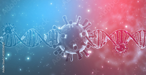 DNA chain and coronavirus Covid-19. Abstract medical background, microbiological environment under the microscope. 3d illustration