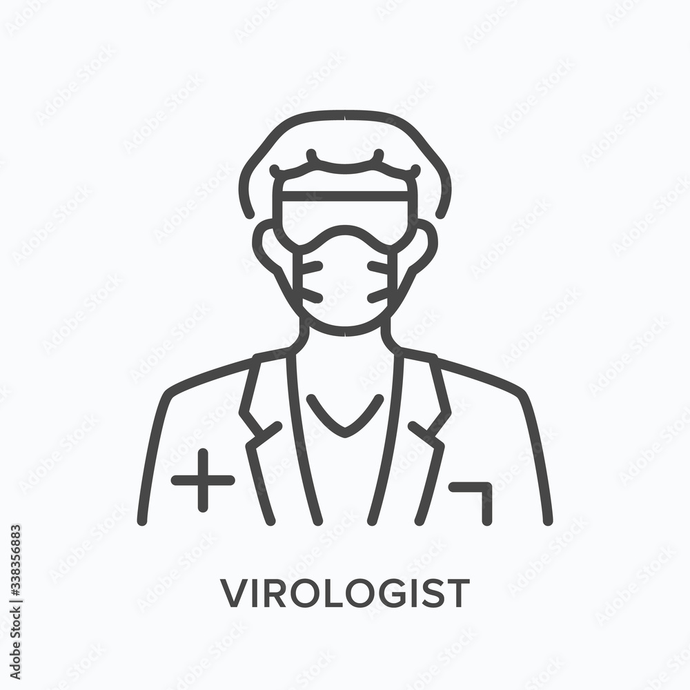 Doctor in mask line icon. Vector outline illustration virologist glasses, respirator and hat. Nurse in pandemic support