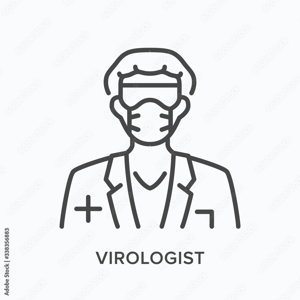 Doctor in mask line icon. Vector outline illustration virologist glasses, respirator and hat. Nurse in pandemic support Doctor in mask line icon. Vector outline illustration virologist glasses, respirator and hat. Nurse in pandemic support