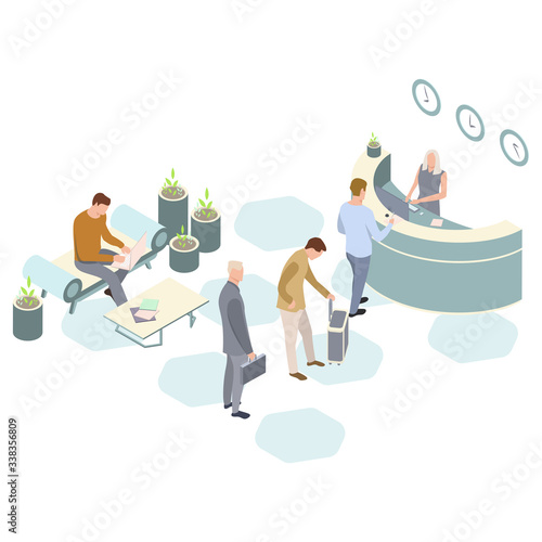 Isometric Vector hotel reception. Receptionists at the counter welcoming. Reception service hotel desk. Customer are working at the coffee table. Illustration, 3d.