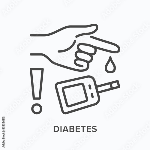 Diabetic control line icon. Vector outline illustration process measuring glucose . Image shows hand using glucometer