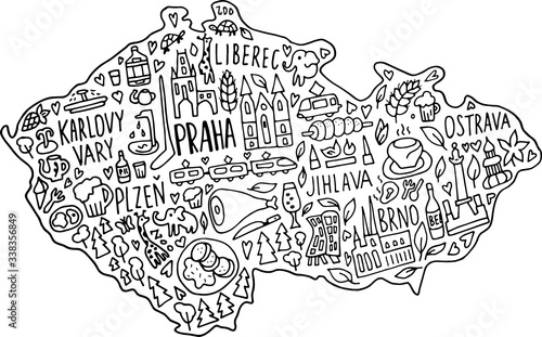 Hand drawn doodle Czech Republic map. Czech city names lettering and cartoon landmarks, tourist attractions cliparts. travel, trip comic infographic poster, banner concept design.