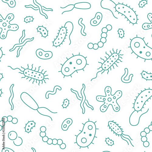 Bacteria, virus, microbe seamless pattern. Vector background included line icons as microorganism, germ, mold, cell, probiotic outline pictogram for microbiology infographic