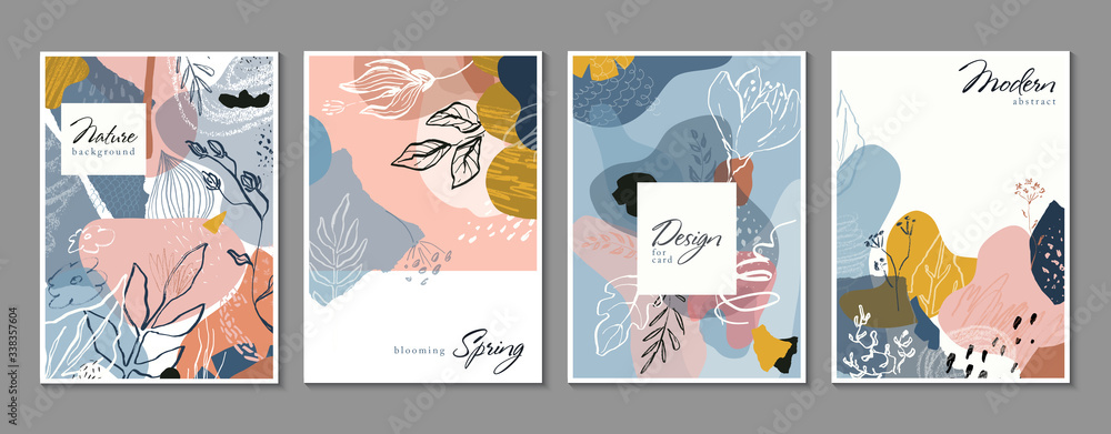 Vector collection of trendy creative cards with hand drawn floral elements, flowers and palnts and different textures.