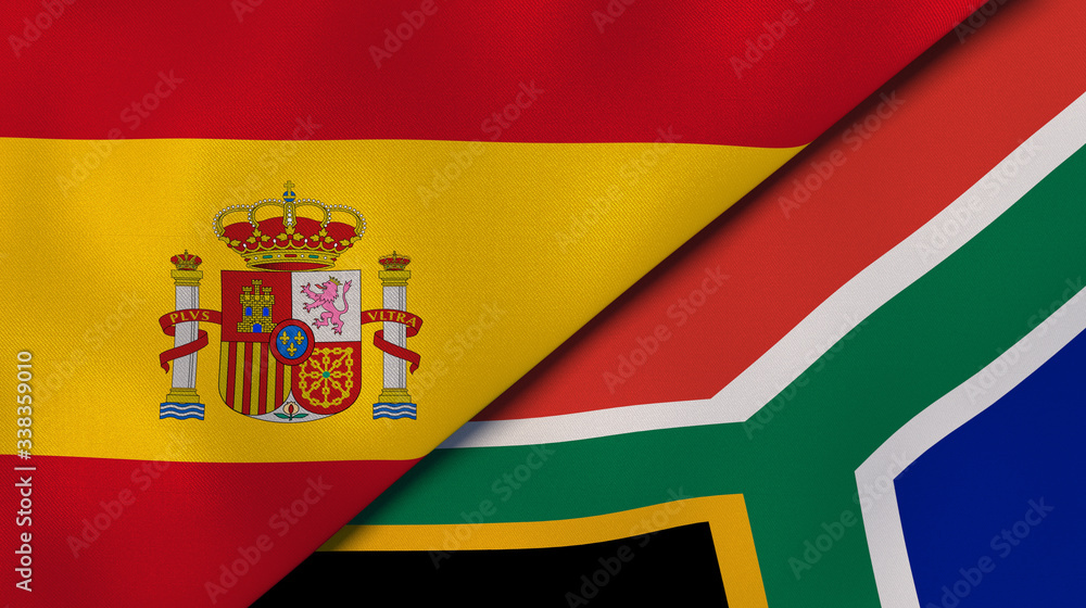 The flags of Spain and South Africa. News, reportage, business background. 3d illustration The flags of Spain and South Africa. News, reportage, business background. 3d illustration