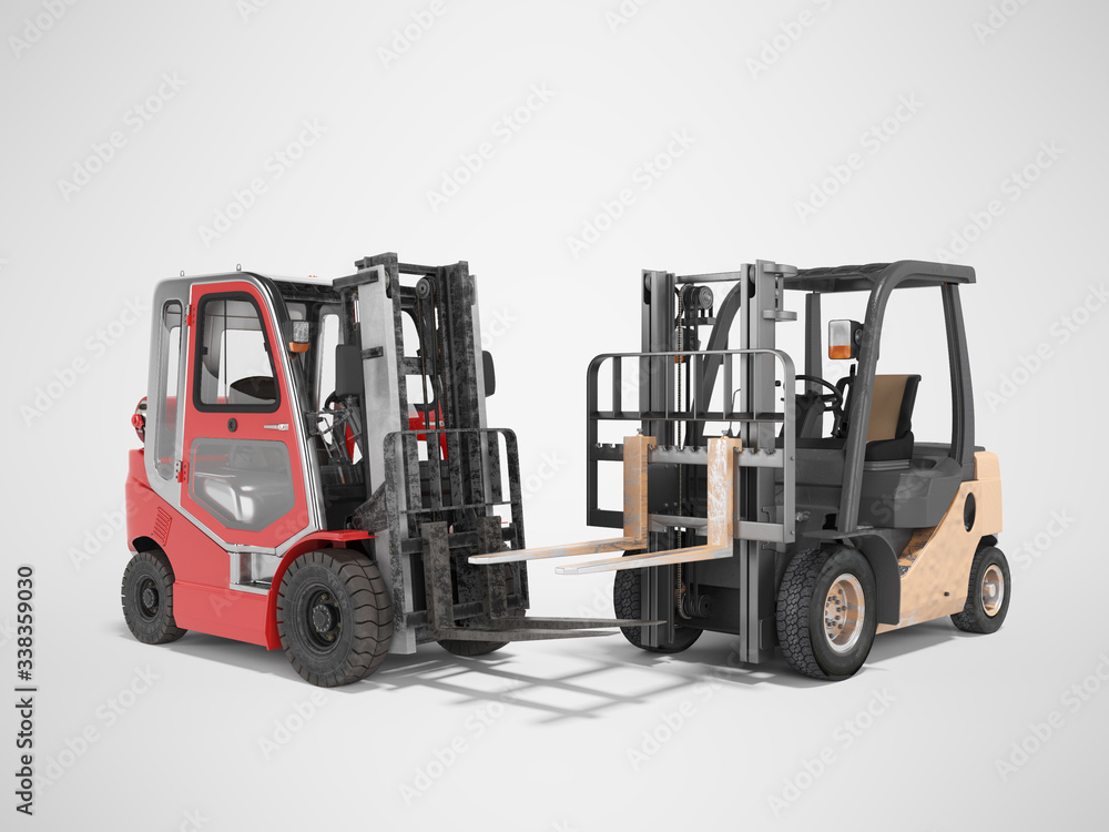 3d rendering of group of forklift trucks for warehouse on gray background with shadow
